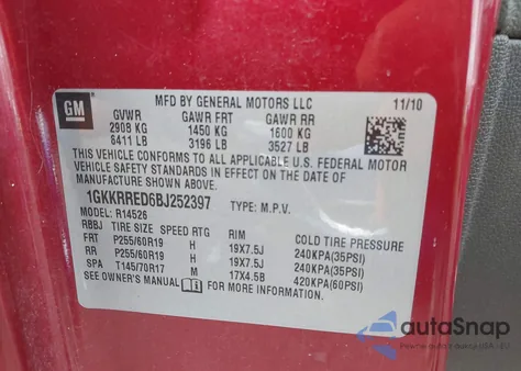 2011 GMC Acadia Slt-1 z USA, uszkodzony, nr VIN 1GKKRRED6BJ252397